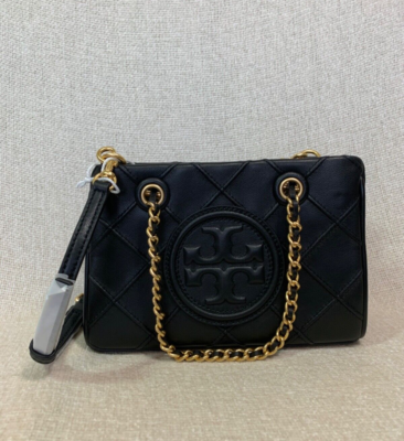 NEW Tory Burch Soft Fleming Black Leather Small Chain Tote Bag +