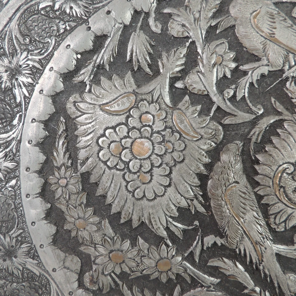 Antique Hand Carved Persian Oval Tinned Copper Wall Hanging Birds Antelopes 25" - Image 4 of 4