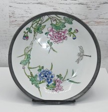 Vintage "Y. Y." Japanese Pewter Encased Porcelain Ware Bowl Hong Kong 8” Floral