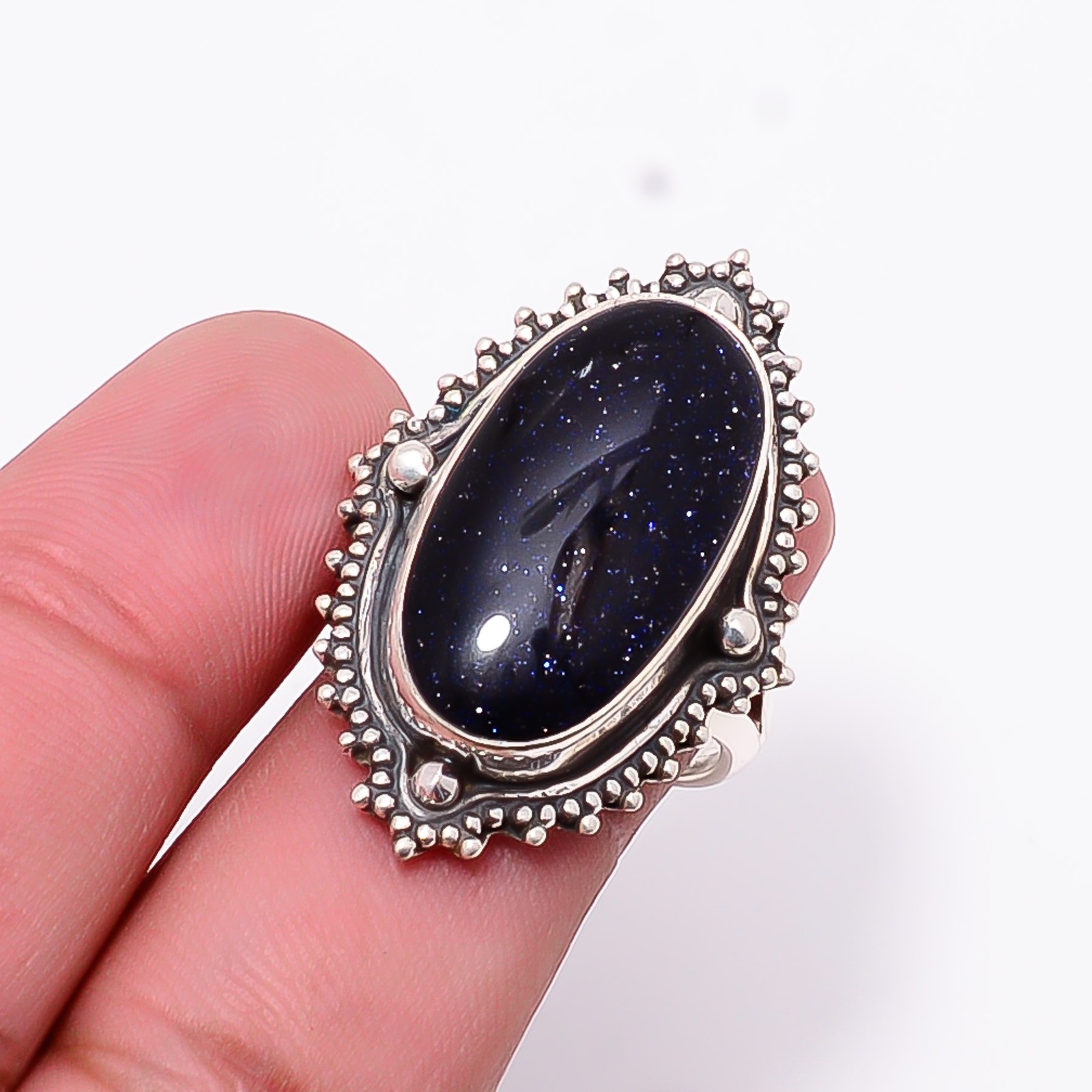 Blue Sunstone Sterling Silver Bold Oval Statement Ring S.7.5 R12548