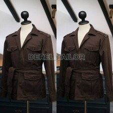 Vintage Brown Men Safari Jacket Hunting Coat 4 Pockets Outdoor Belted Jacket