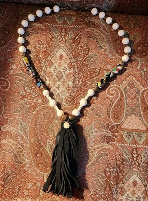 Vintage African Bone Glass Millefiori Beads Lee Milward Suede Jewel Necklace