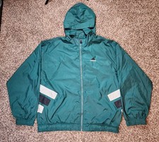VTG Adidas Jacket Mens XL Green Stripe Spell Out Windbreaker Packable Hood 90's
