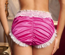 HOT PINK SATIN SISSY PANTIES Ruched Back White Lace Trim Hi Cut Brief L