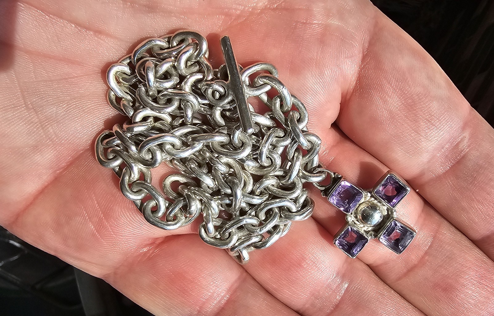 Vintage Solid Silver Chain Necklace Amethyst Cros… - image 7