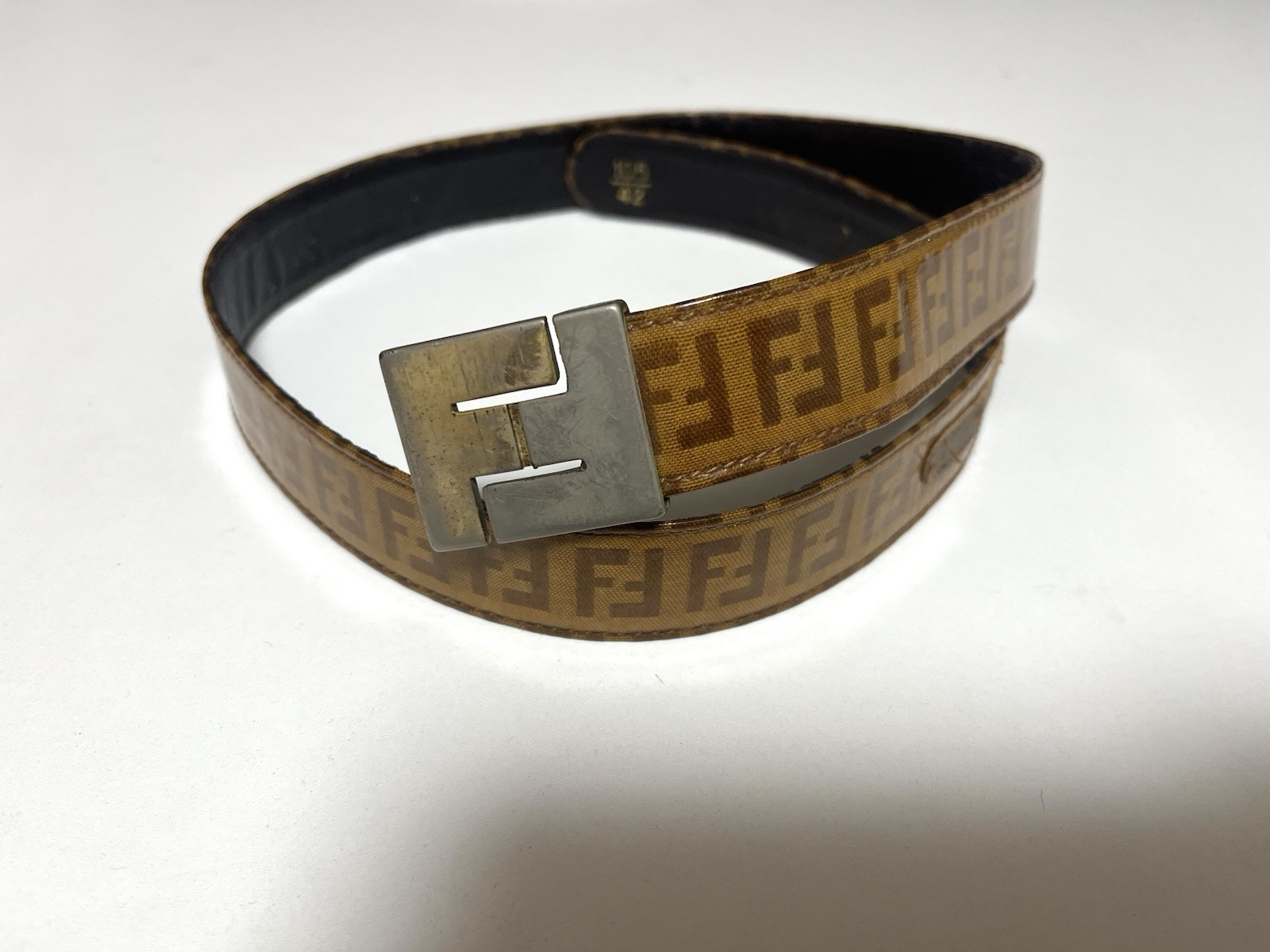 Vintage FENDI FF Logo Coated Canvas Belt Leather Lining Made in Italy 105/42