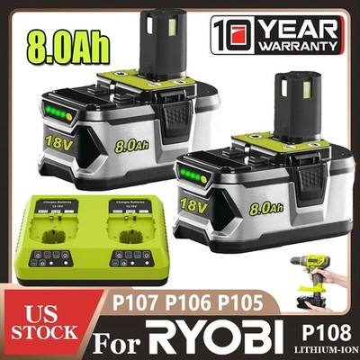 1-4X 18V 8.0AH Battery For RYOBI P108 One Plus High Capacity Lithium-ion+Charger