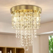 TISLYCO Mini Gold Crystal Chandelier, 3 Light Modern Flush Mount Ceiling Ligh...