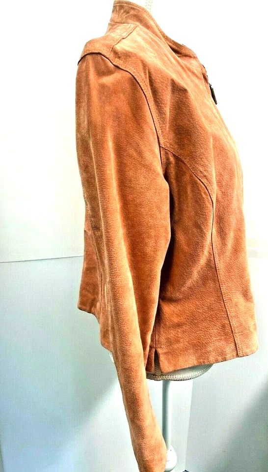 Chaqueta Chico's 100% Gamuza Cuero TALLA 2 Coral Naranja Mandarín Cuello Cremallera Foto 4 de 4