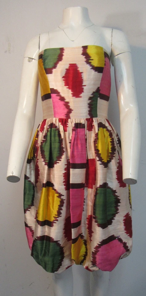 Vestido Oscar De La Renta Primavera 08 Sin Tirantes Mezcla Seda Estampado Circular Burbuja Talla 8 Foto 2 de 4