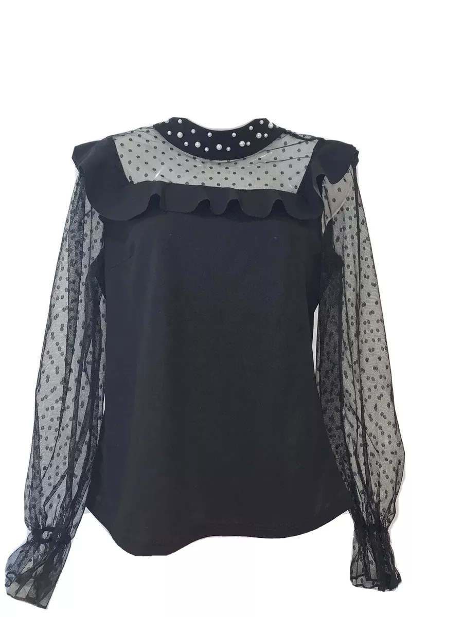 SheIn Black Formal Pearl Mesh Long Sleeve Womens Stretchy Top