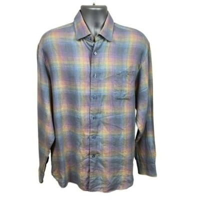 Robert Talbots Classic Linen Shirt Mens Long Sleeve Plaid Beachy Preppy
