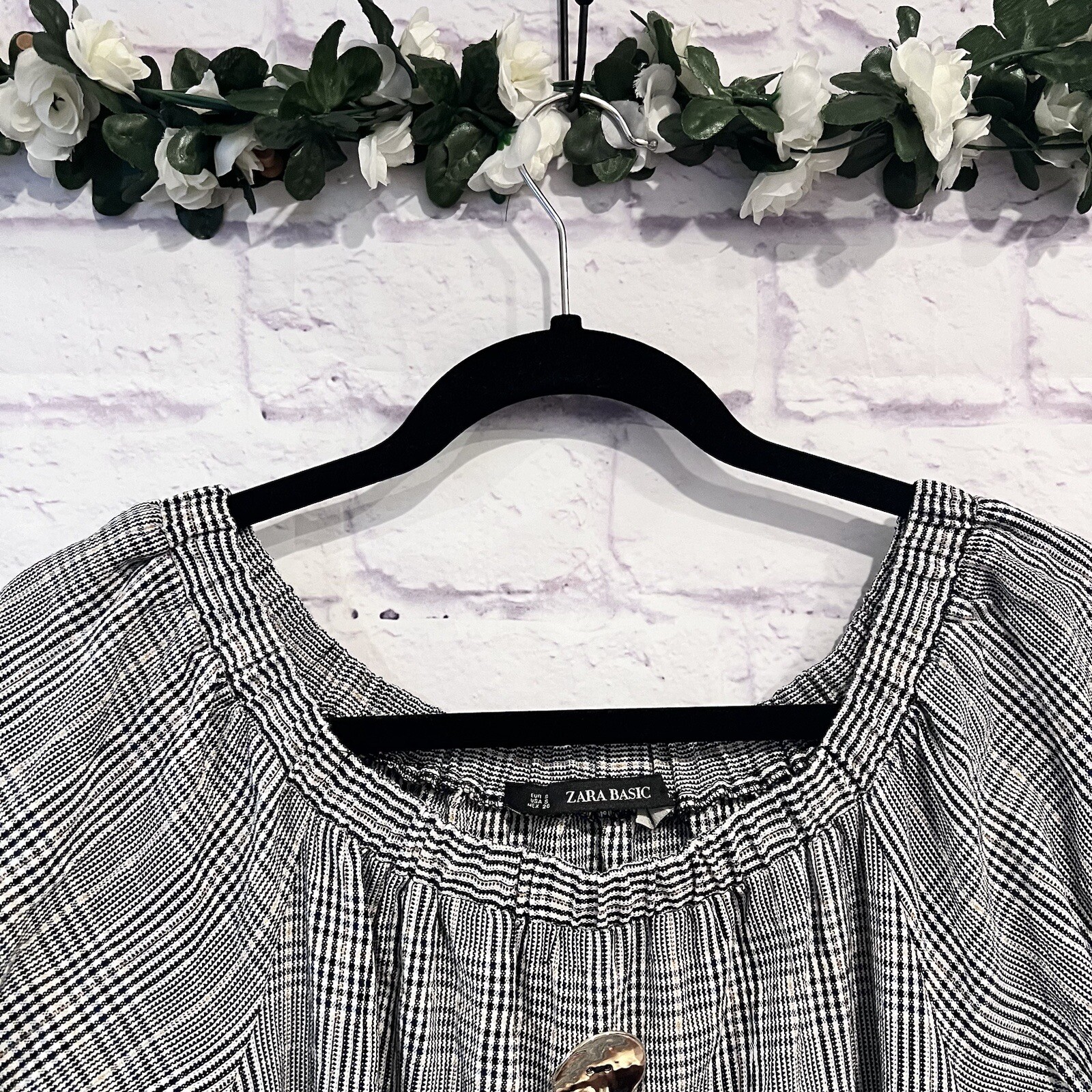 Zara Basic Size Small Plaid Off The Shoulder Puff… - image 9