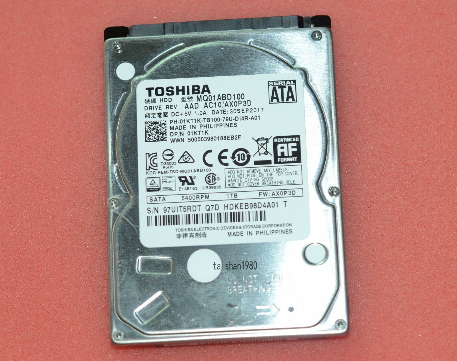 TOSHIBA MQ01ABD100 1TB HDD SATA 使用2842時間