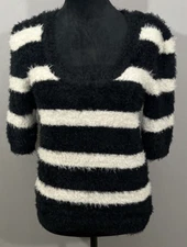 Philosophy Republic White and Black Striped Fuzzy Short Sleeve Womens Size Med