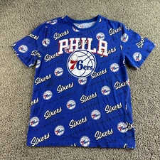 Philadelphia 76ers Shirt Mens Medium Blue White AOP Short Sleeve NBA Casual UNK