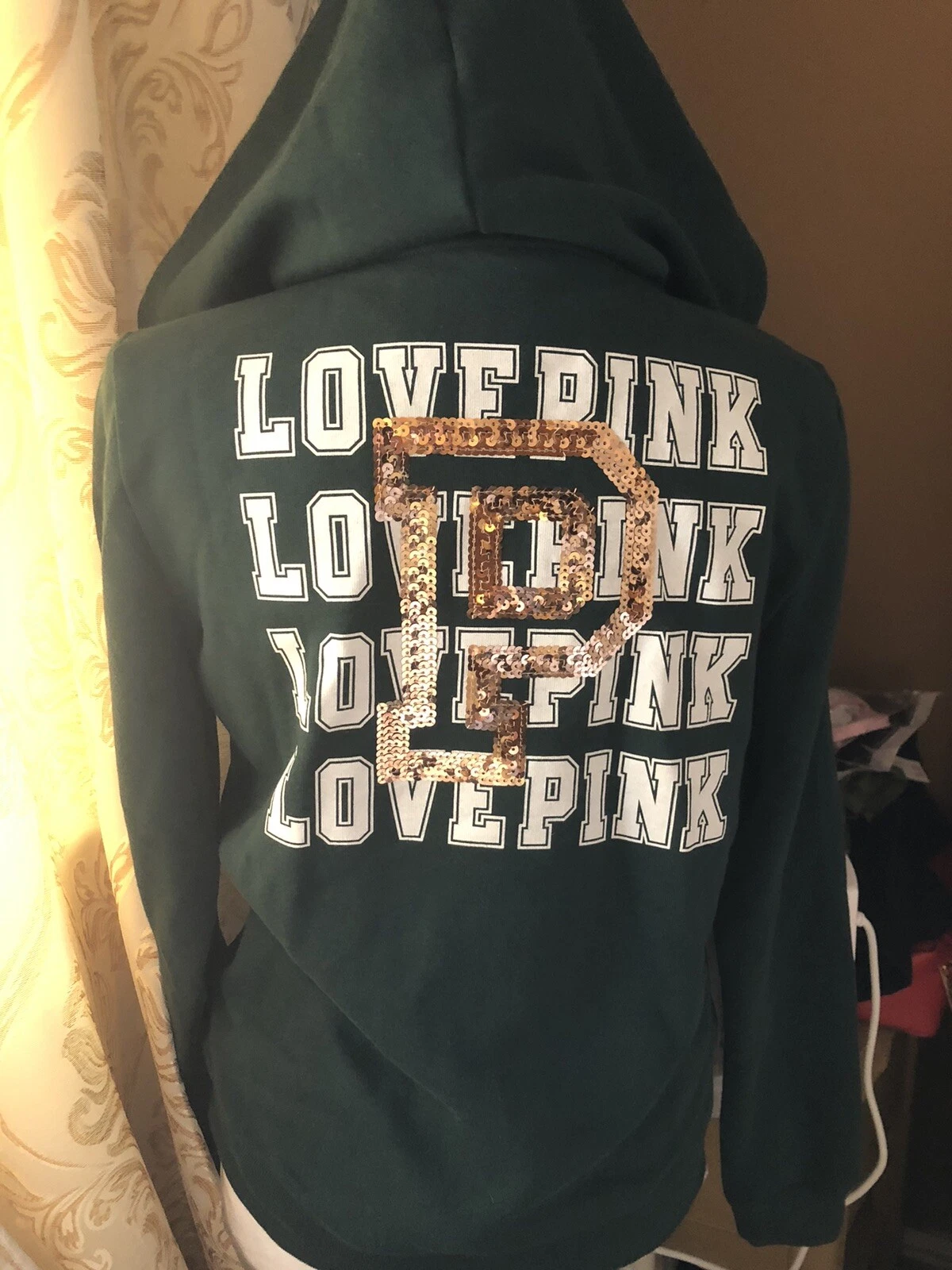 UNDERCOVER Felpa con cappuccio Victoria's Secret ROSA piccola felpa verde logo paillettes oro S❤️