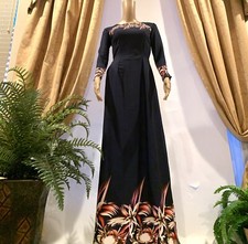 Navy Blue Vietnamese Ao Dai Silk Long Dress with Pants Free Fast Shipping 07