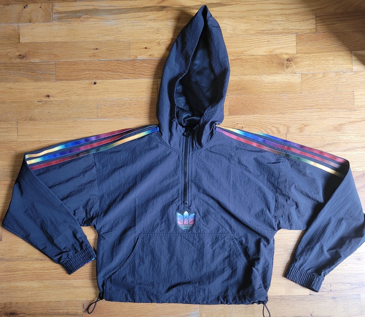 adidas Originals Womens Cropped Pullover Windbreaker Hoodie 3-Stripe  Rainbow S