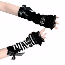 Gothic Lolita Lace Arm Warmers with Buckle & Bow Black Striped Fingerless Gloves