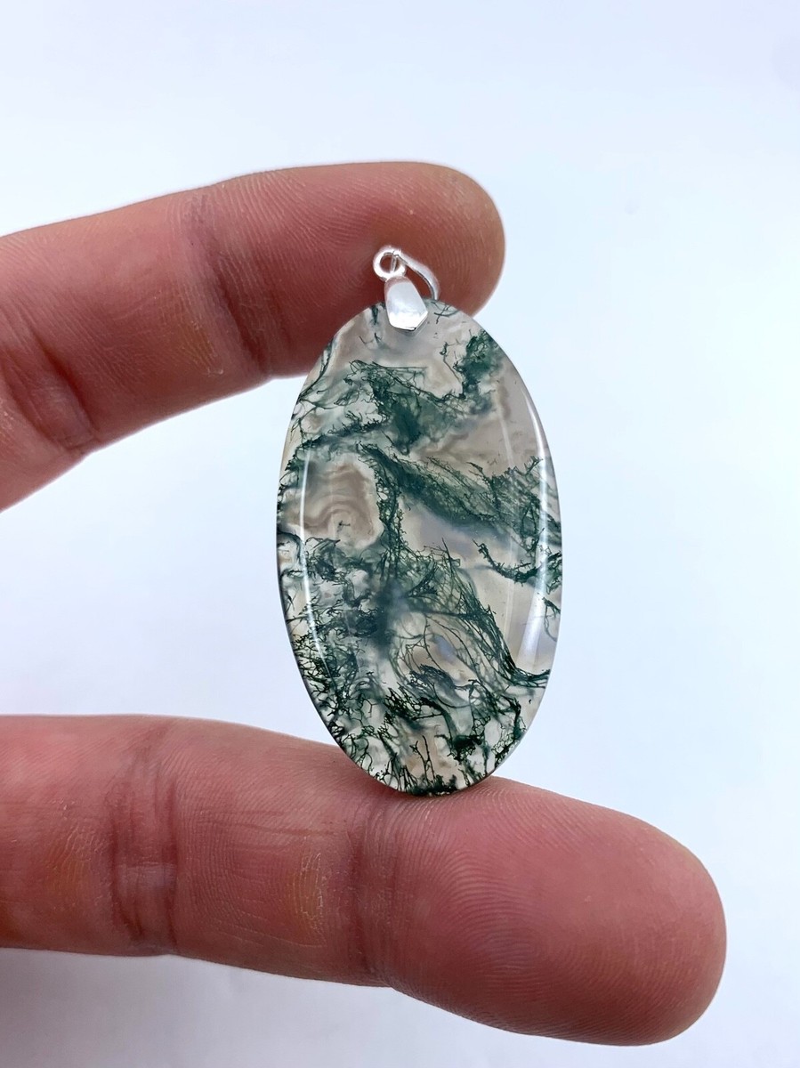 Pendentif En Agate Mousse Naturelle - Bélière Acier Inoxydable Hypoallergénique - Occasion Comme Neuf
