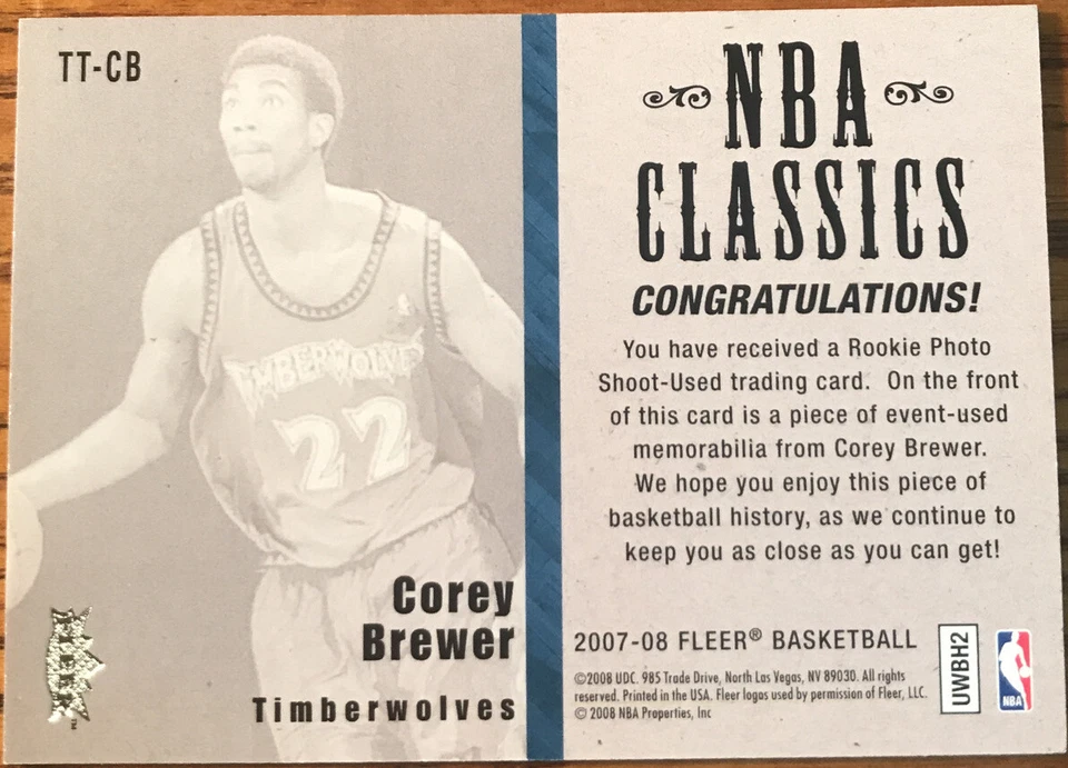 2007-08 Fleer NBA Classics Jersey Corey Brewer TT-CB Minnesota Timberwolves - Image 2 of 2