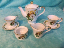 Miniature Tea Set Yellow Brown White Flowers w/Gold Trim 8 Pieces