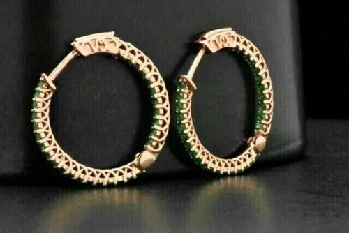2.50Ct Round Cut Lab-Created Emerald 14K Rose Gold Plated Women's Hoop Earrings - Picture 4 of 6