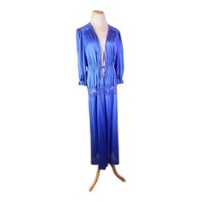 Vintage 1970s Nylon Robe Lace Panels Tie Front Blue