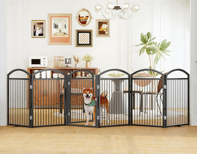 Folding No-Assembly Freestanding Dog Gate with Door,32'' Heights Foldable Pet Fen