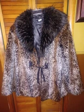Pamela McCoy Couture Wms L Faux Fur Coat Animal Print Mid Length Lined NWOT