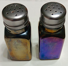 Vintage/Retro Iridescent Black Glass Salt & Pepper Shakers, Metal Lids 4in