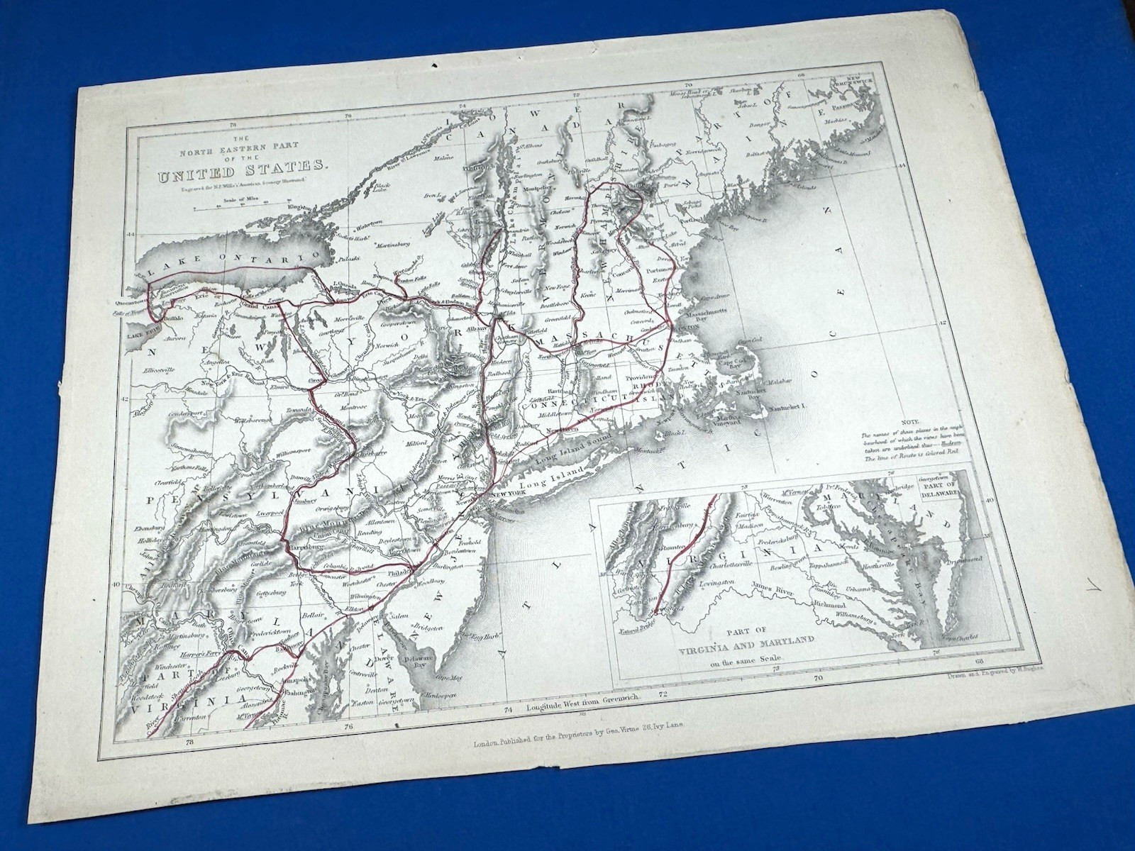 1840 Map, North Eastern Part of U.S. RAILROAD ROUTES Drawn & Engraved W. Hughes