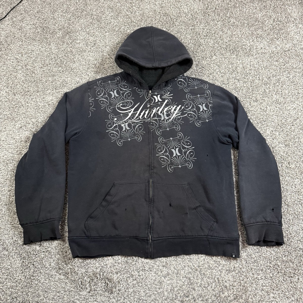 Vintage Y2K Hurley Full Zip Hoodie Sherpa Lined Grunge Size