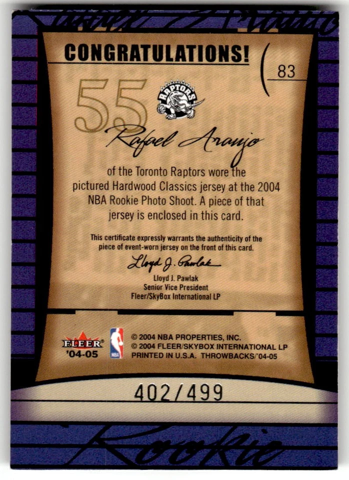 2004-05 Fleer Throwbacks Rafael Araujo #/499 Rookie #83 - Image 2 of 2