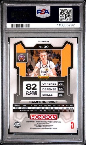 CAMERON BRINK RC PSA 10 GEM COMME NEUF 2024 Prizm Monopoly WNBA RED ICONS PRIZM #39 - Photo 2/2