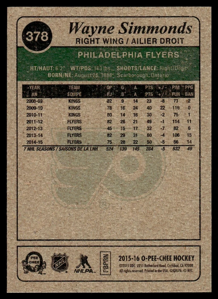 2015-16 O-Pee-Chee Retro Wayne Simmonds Philadelphia Flyers #378 - Image 2 of 2