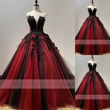 Gothic Wedding Dresses Deep V Neck Black Burgundy Lace Appliques Bridal Gowns