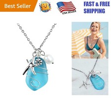 Artisan Sea Glass Jewelry - Handmade Necklace with Starfish and Pearl Pendants