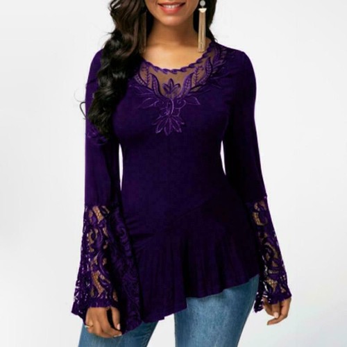 Womens Lace Blouse Long Sleeve Shirt Crew Neck Ladies Casual Tops Sexy Plus Size - Bild 3 von 11
