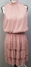 MSK Shift Dress Womens Size 1X Pink Sparkly Metallic Smocked Tiered Sleeveless