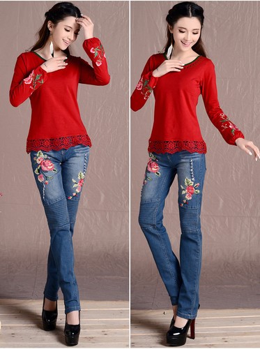 Tops Blouse Chinese Embroidery Retro Womens Cotton Long Sleeve T-shirt Folk New - Picture 17 of 18