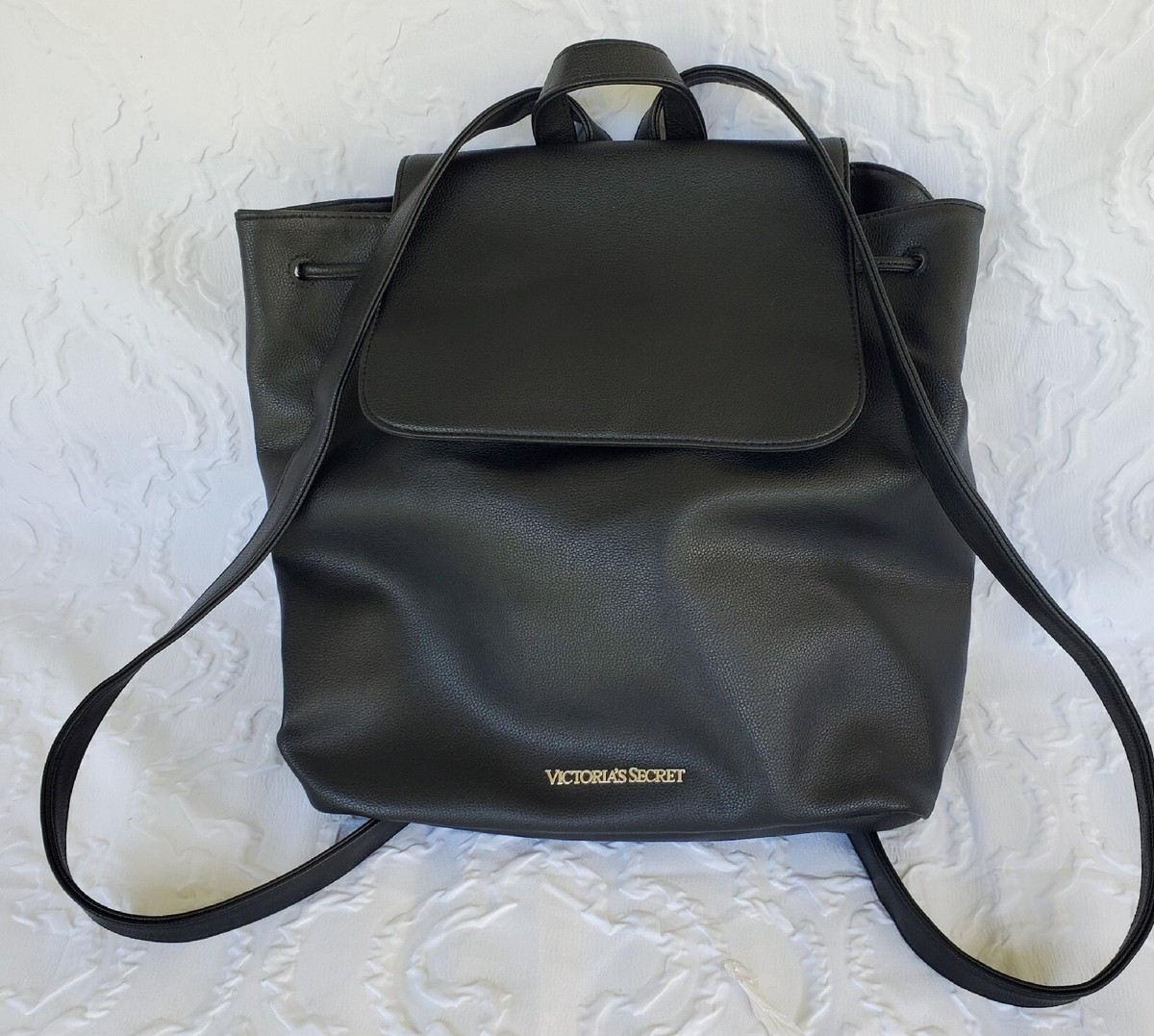 Victoria's Secret Black Faux Vegan Leather Drawstring Bag Sling Backpack  Purse