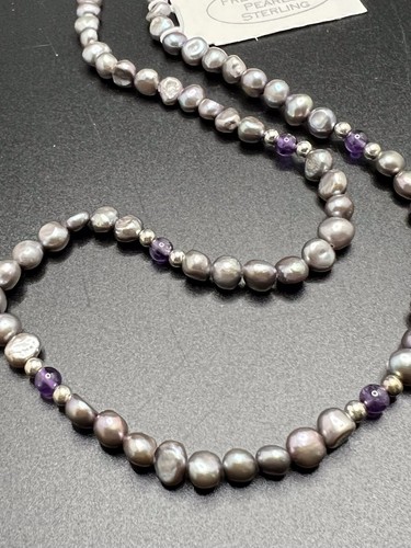 Gray Freshwater Pearl /Amethyst/ 925 Sterling Silver Bead Strand Necklace 16.5” - Picture 6 of 6