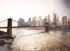 New York City skyline painting.  Watercolor painting New York city (print)