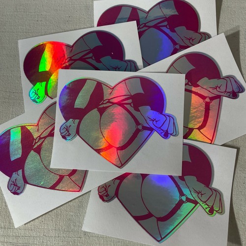 Booty Thick Thighs Thicc BDSM Behind Hot Heart JDM Rainbow Holo Vinyl Sticker - Picture 5 of 9