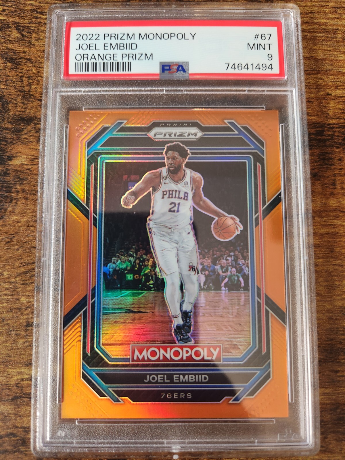 2022 Panini Prizm Monopoly Joel Embiid Orange Prizm 75/124 PSA 9 Mint #67 76ers