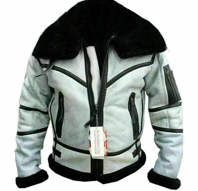 Men RAF B3 Bomber New Flight Aviator Real Shearling Sheep Leather Biker Jacket