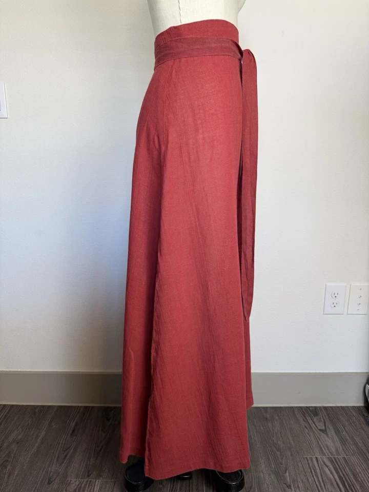 Handmade Rust Red Linen A-Line Maxi Skirt – High Waist, Long Belt, XS/S - Image 3 of 4