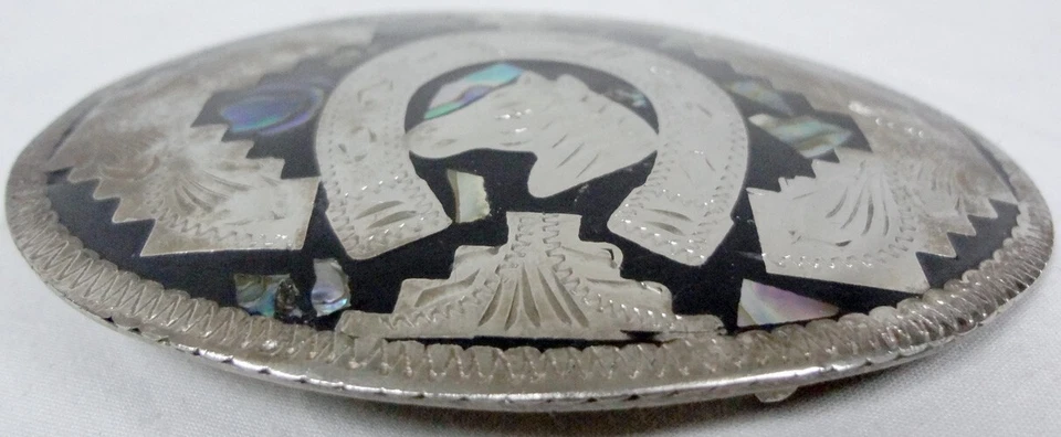 Hebilla de cinturón antigua de acero inoxidable con cabeza de caballo/herradura de colección hecha en México! Foto 3 de 4